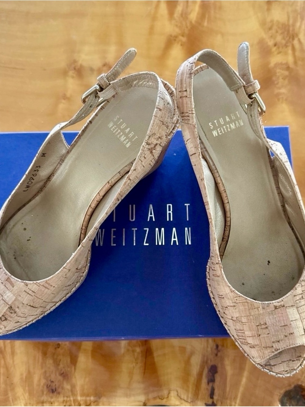 Stuart Weitzman Neutral Cork Slingback Wedges
